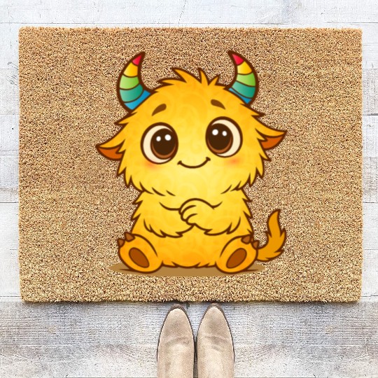 Cute Yellow Monster with Rainbow Horns Coir Doormats