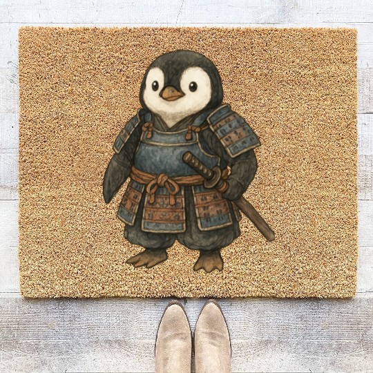 Historical samurai penguin with katana Japan cultu Coir Doormats
