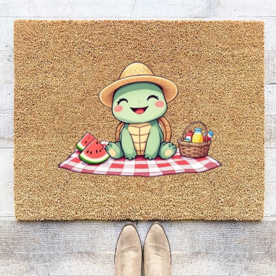 Whimsical Picnic Turtle Illustration Coir Doormats