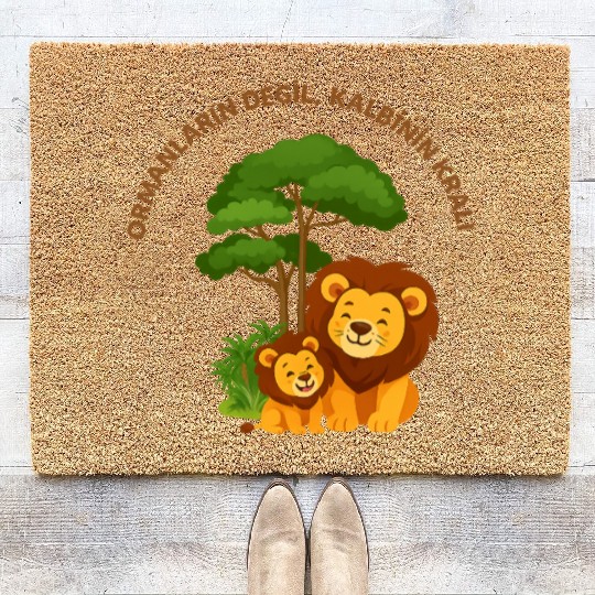 Joyful Lion and Cub Under Green Tree Coir Doormats