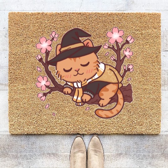 Whimsical Witch Cat in Cherry Blossom Tree Coir Doormats