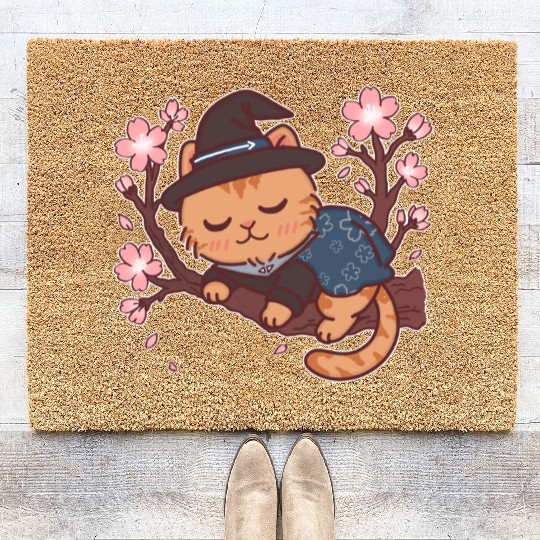 Kawaii Wizard Cat Sleeping on Sakura Tree – Magic  Coir Doormats