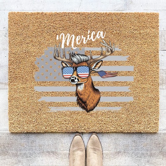 'Merica Deer with mullet American Flag Sunglasses Coir Doormats
