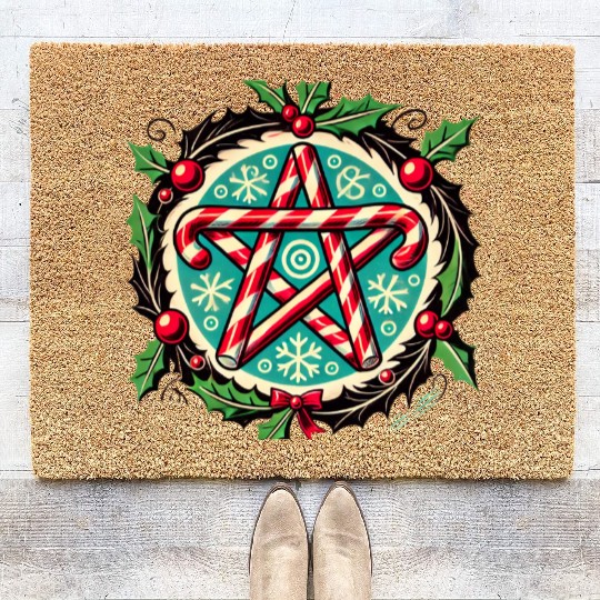 Yule Pentacle with Candy Canes Pagan Holiday Desig Coir Doormats
