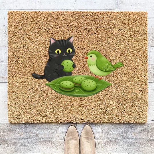 Whimsical Cat Bird Snack Scene Coir Doormats