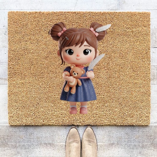 Whimsical Girl with Feather and Teddy Bear Coir Doormats