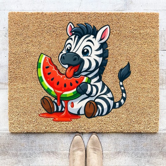 Cute zebra with watermelon summer cartoon Coir Doormats