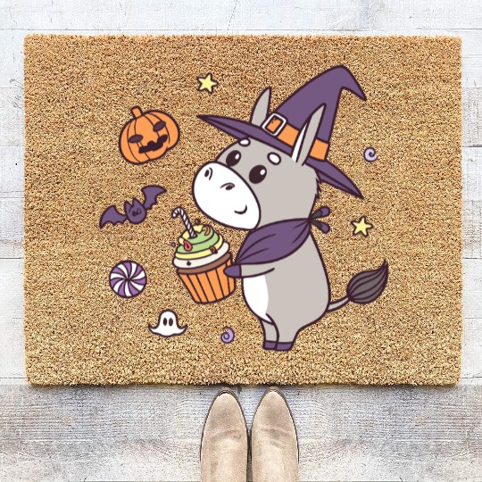 Whimsical Halloween Witch Pony Design Coir Doormats