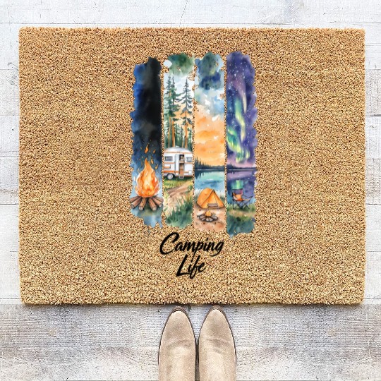 Watercolor Camping Nature Scene Coir Doormats