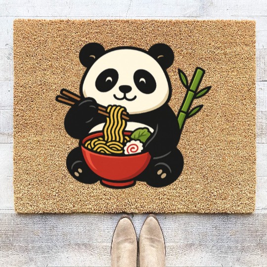 Cute Panda Eating Ramen Illustration Coir Doormats
