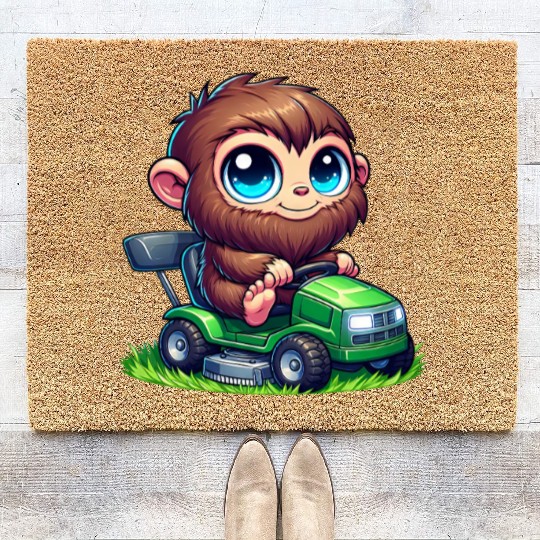 Cute Bigfoot Sasquatch lawn mower gardening chibi Coir Doormats
