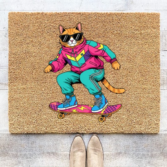 Cool Cat on a Skateboard Coir Doormats