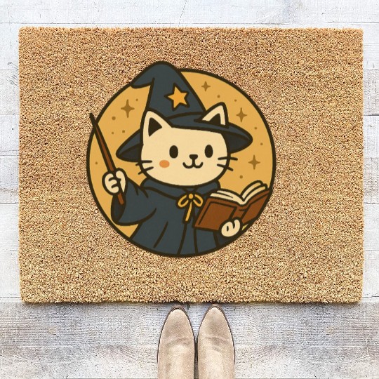 Whimsical Cat Wizard in Starry Night Coir Doormats