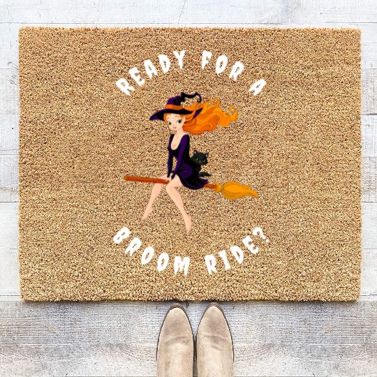 Witch on Broomstick with Cat Design Coir Doormats