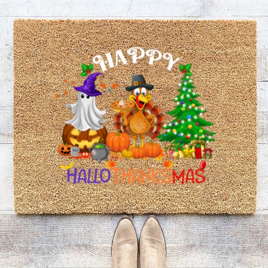 Retro Happy HalloThanksMas  Coir Doormats
