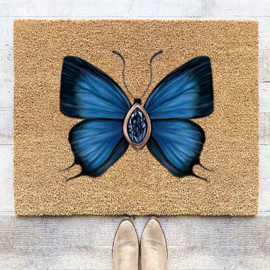September Sapphire Blue Butterfly Gemstone Design Coir Doormats