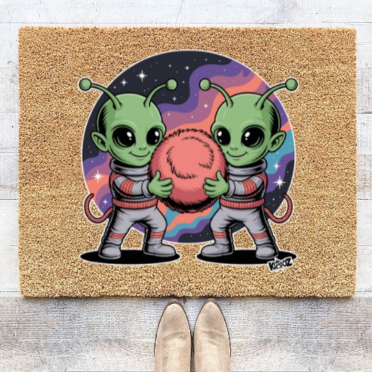 Adorable Alien Friends Embrace Cosmic Unity Coir Doormats