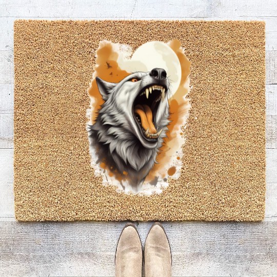Howling Wolf Under Full Moon Coir Doormats