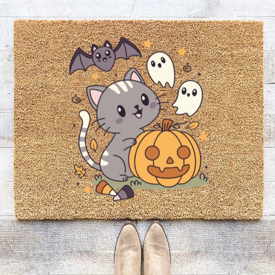 Halloween Kawaii Cat Bat Pumpkin Coir Doormats