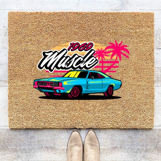 Retro 1969 Muscle Car Sunset Design Coir Doormats