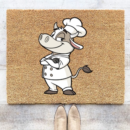 Charming Cow Chef Cartoon Illustration Coir Doormats