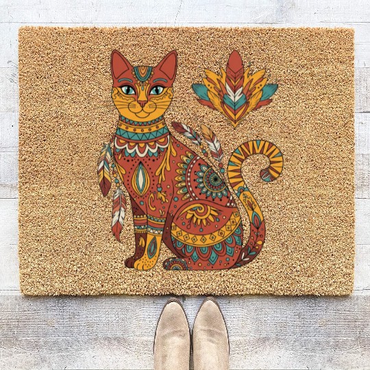 Boho Mandala Cat – Tribal Art Vibes Coir Doormats