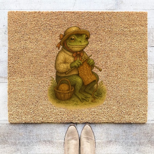 Whimsical Frog Knitting Illustration Coir Doormats