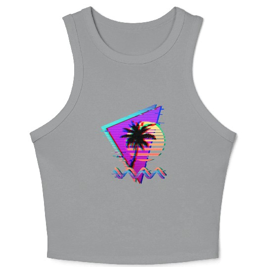 Vaporwave Palm Tree Sunset 90s Glitch Aesthetic Crop Tank Top