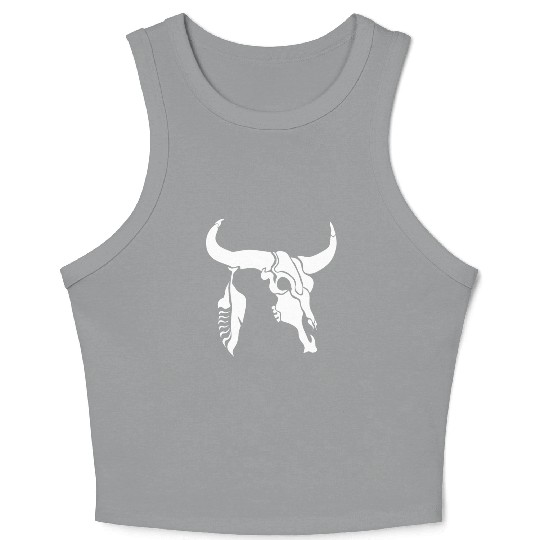Tribal White Longhorn Bull Skull w White Feather Crop Tank Top