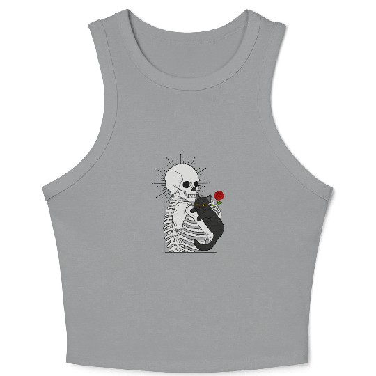Black Demonic Cat Skeleton Hail Satan Death Metal Crop Tank Top