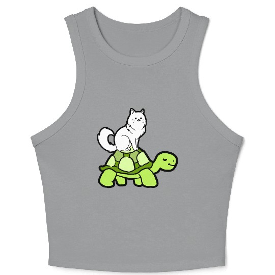 Cat Riding Turtle for Turtle Theme Fan Crop Tank Top