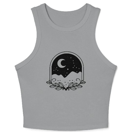 Floral night sky in an arc with Crescent moon Crop Tank Top