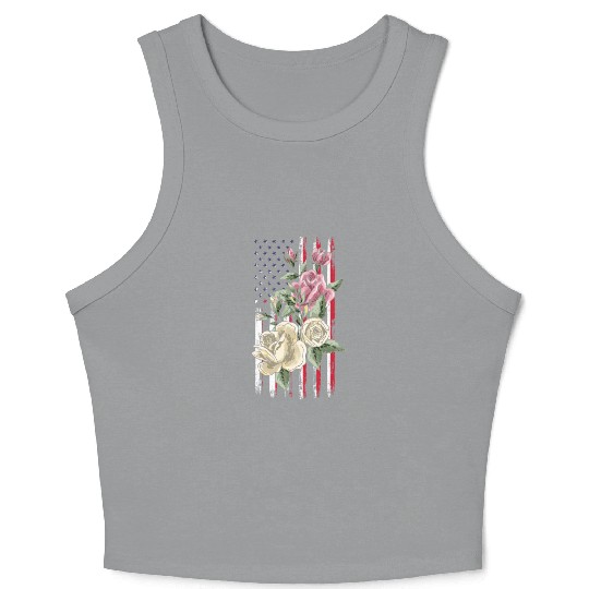Flower US Flag Patriotic Day 4th Of July Crop Tank Top