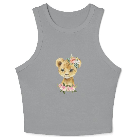 Cute Baby Leopard With Watercolor Flowers Crop Tank Top