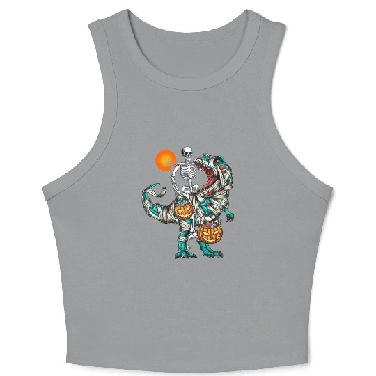Halloween Skeleton Riding Mummy Dinosaur Pumpkin Crop Tank Top