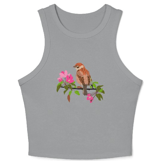 Sparrow on a branch pink flowers of an apple tree Crop Tank Top
