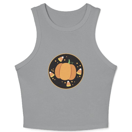 Pumkpin on a circle with candy corn Crop Tank Top