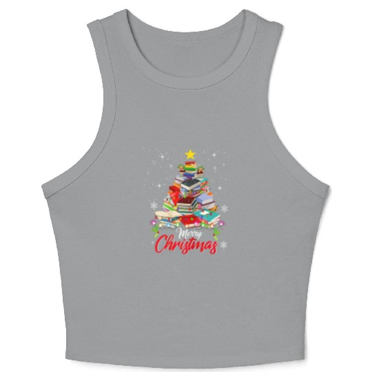 Merry Christmas Tree Love Reading Books Librarian Crop Tank Top