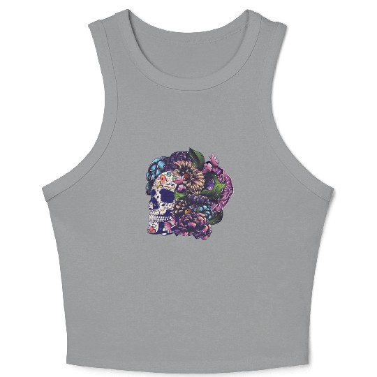 Halloween Sugar Skull And Flowers Crop Tank Top
