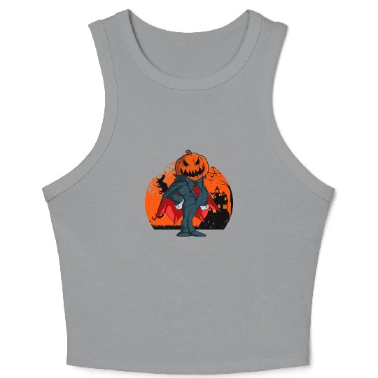 Vampire Pumpkin Head Jack O' Lantern Halloween Crop Tank Top