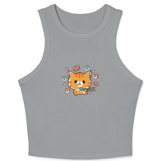 Kawaii Cat Eating Sushi Japanese Raw Food Crop Tank Top