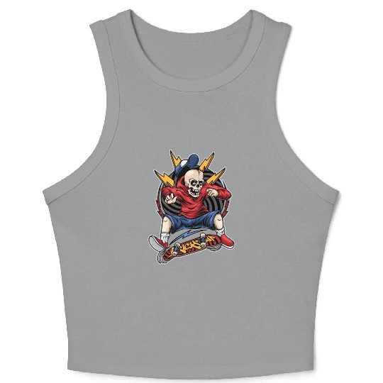 Skater Skeleton On Skateboard - Halloween Crop Tank Top