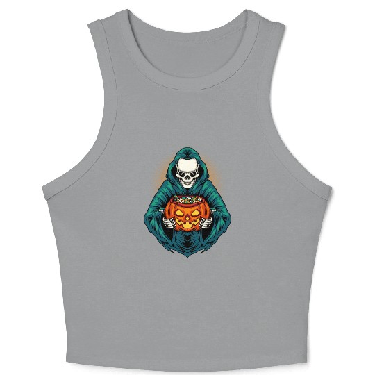 Grim Reaper With Scary Pumpkin - Halloween Crop Tank Top