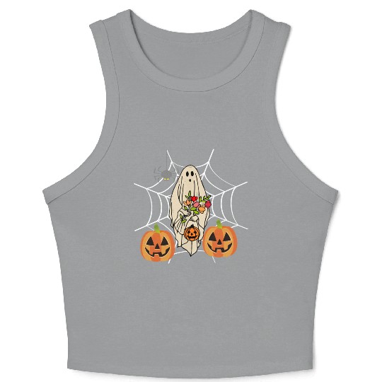 Halloween Costume Floral Ghost Pumpkin SpiderWeb Crop Tank Top