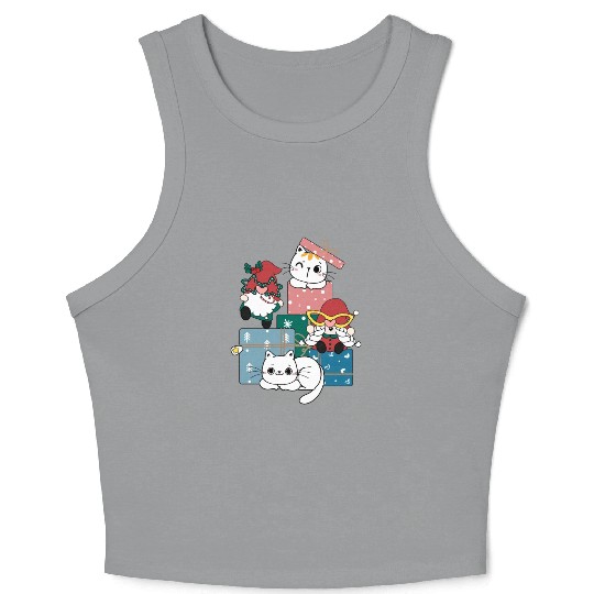 cute gnome and kitty cats on present gift box Crop Tank Top