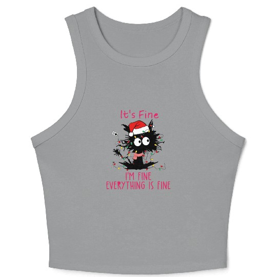 Everything's Fine Black Cat Tangled in XMAS Light Crop Tank Top