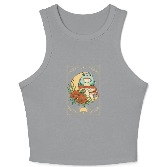 Cottagecore Aesthetic Tarot Card Frog Sipping Tea Crop Tank Top