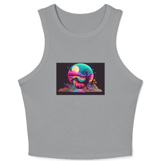 Spooky Full Moon Psychedelic Landscape Paint Drips Crop Tank Top