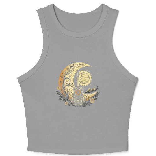 Cottagecore Acoustic Guitar With Moon, Sun, Stars Crop Tank Top