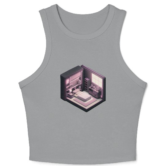 Isometric Voxel Bedroom - Synthwave Future Render Crop Tank Top